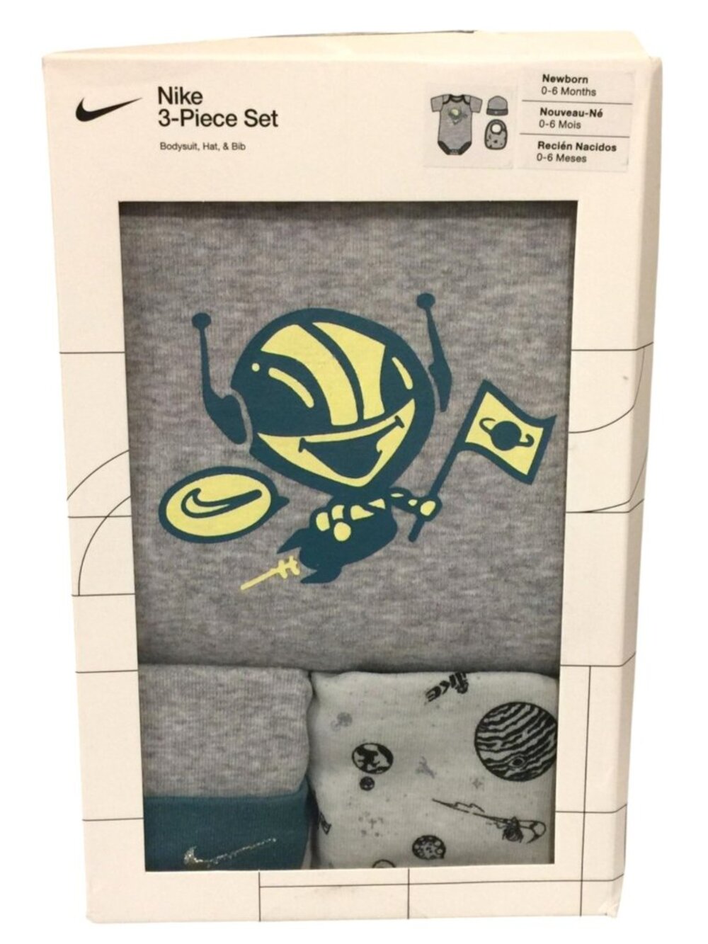 NIKE 3 Piece Space Boy Newborn 0-6 Months Hat Bib Bodysuit